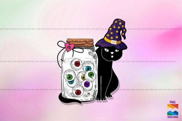 Black Cat Witch Hat and Jar of Eyes