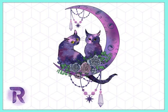 Cross Stitch Cat Galaxy Moon PNG