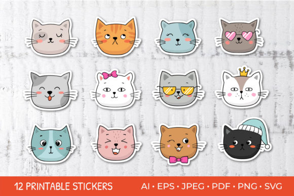 Cute Cat Faces Printable Stickers