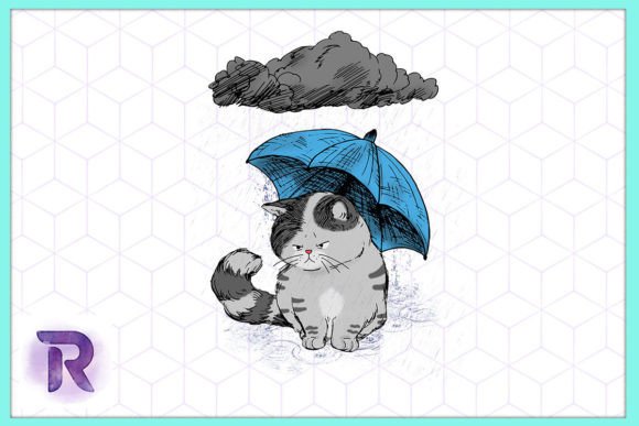 Sad Cat with Umbrella Cat in the Rain
