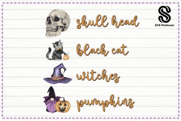 Skull Head, Black Cat, Witches, Pumpkins
